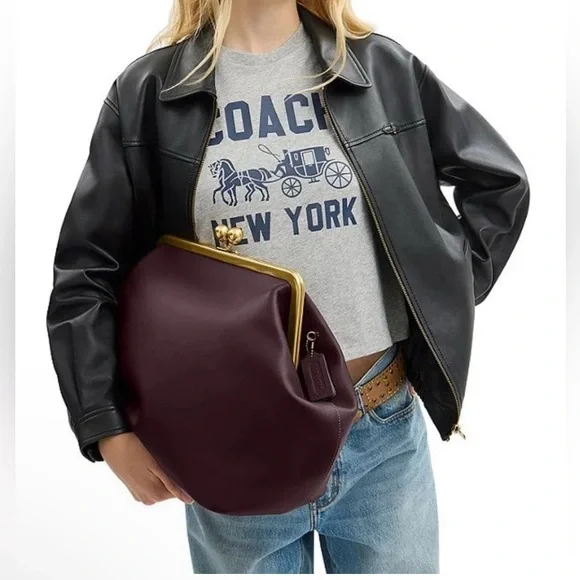 Coach Large Oversized Kisslock Frame Leather Clutch Handbag BLACK CURRANT Purse - Picture 1 of 9